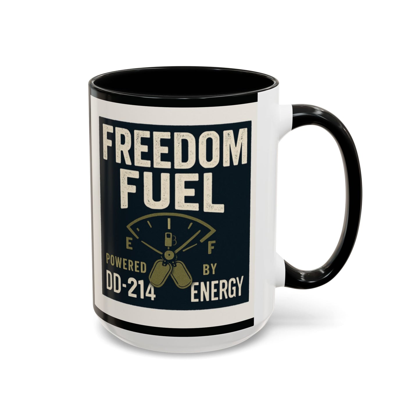 Freedom Fuel Coffee Mug - 11 & 15oz Black Accent Cup for Veterans and Energy Lovers