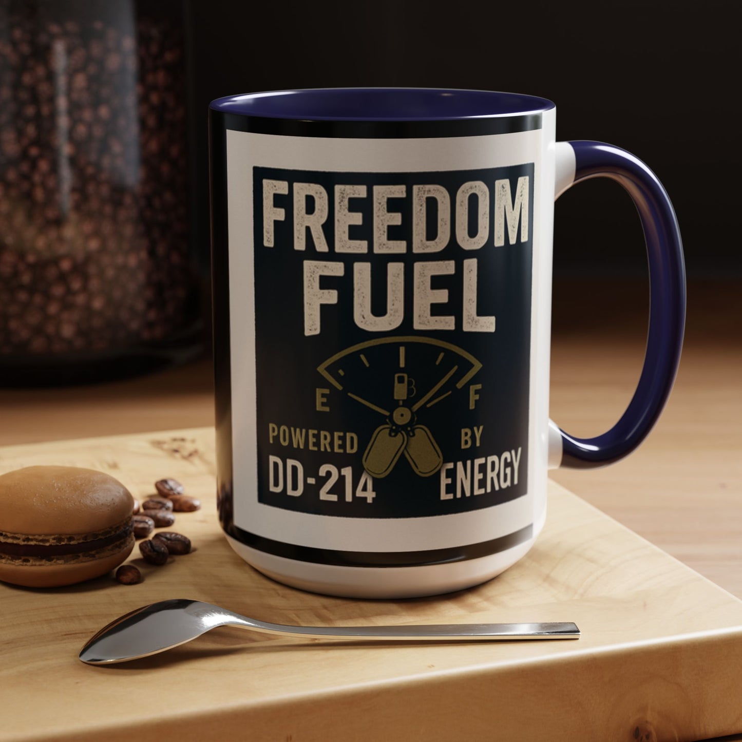 Freedom Fuel Coffee Mug - 11 & 15oz Black Accent Cup for Veterans and Energy Lovers