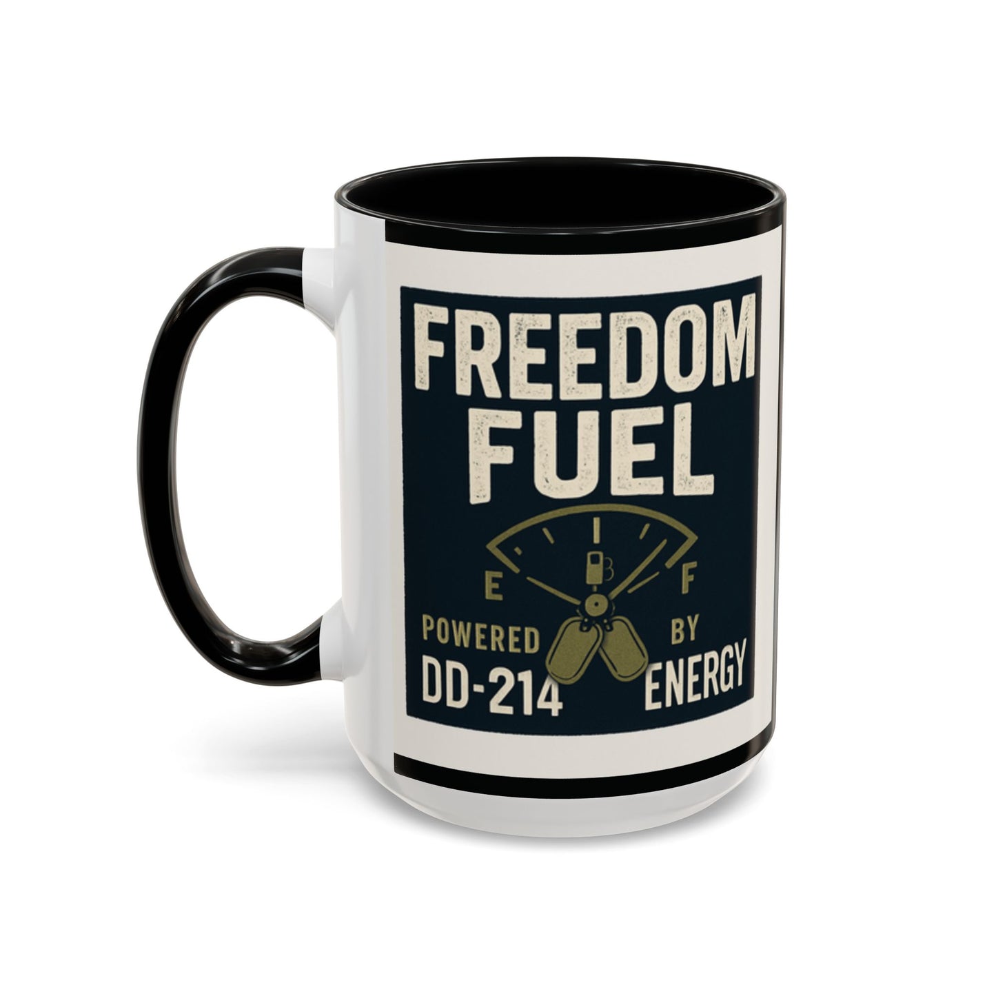 Freedom Fuel Coffee Mug - 11 & 15oz Black Accent Cup for Veterans and Energy Lovers