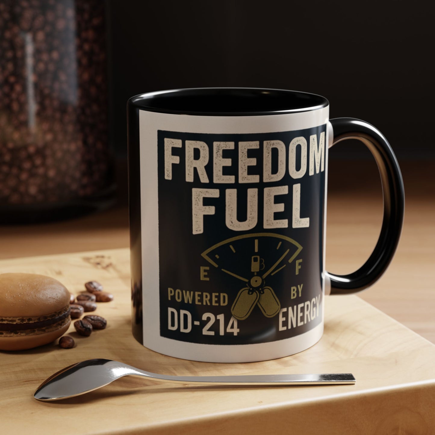 Freedom Fuel Coffee Mug - 11 & 15oz Black Accent Cup for Veterans and Energy Lovers