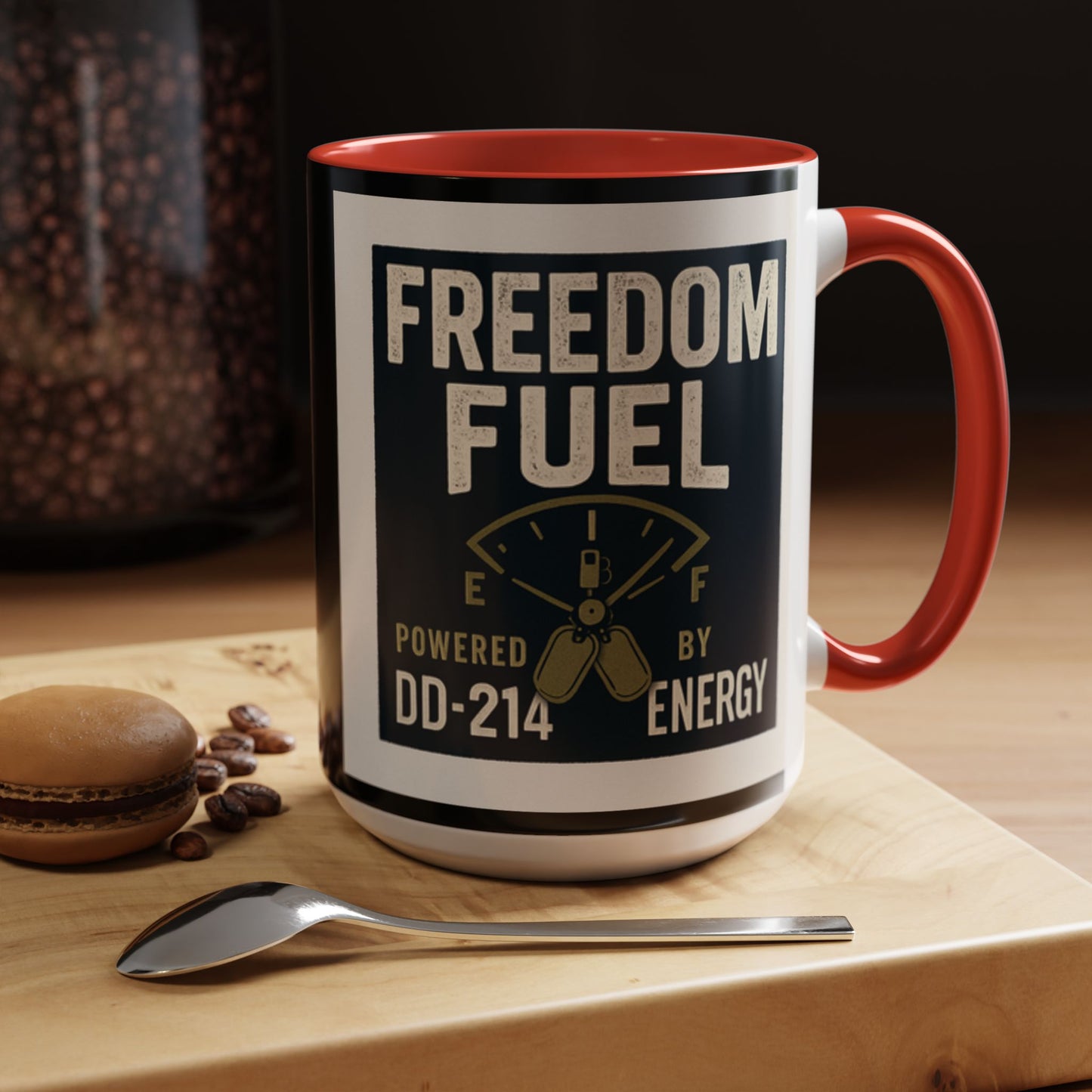 Freedom Fuel Coffee Mug - 11 & 15oz Black Accent Cup for Veterans and Energy Lovers