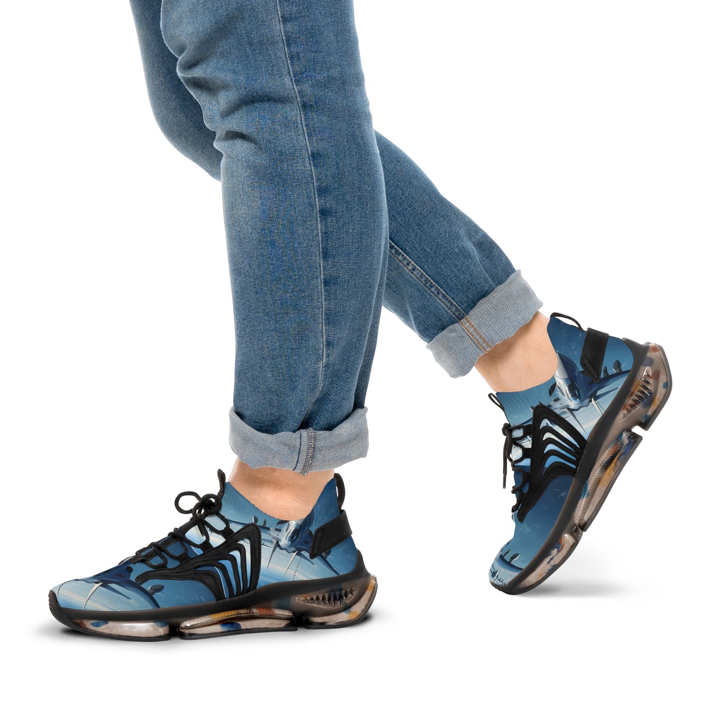 Mesh Sneakers — Men's Blue Shark Graphic Athletic Shoes