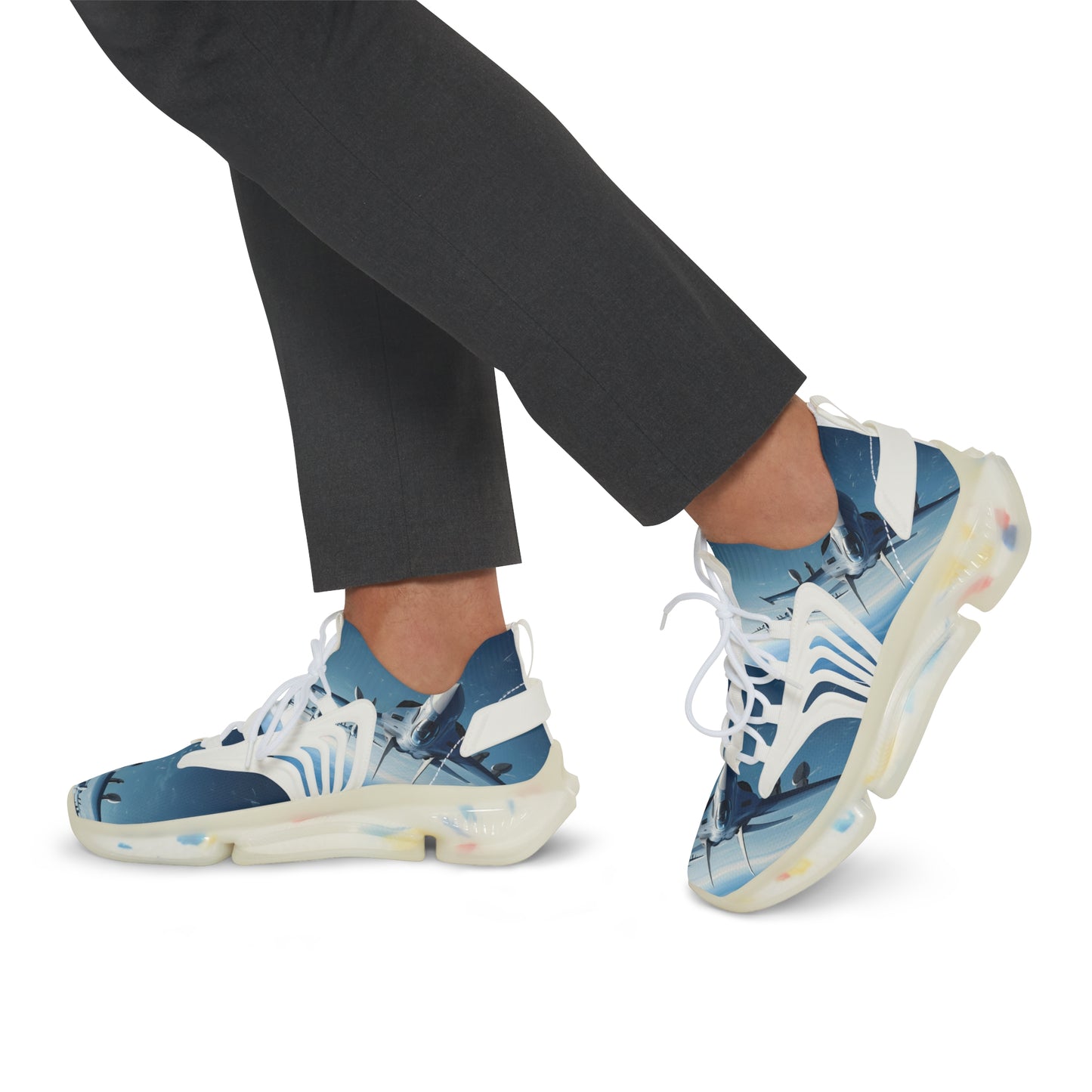 Mesh Sneakers — Men's Blue Shark Graphic Athletic Shoes