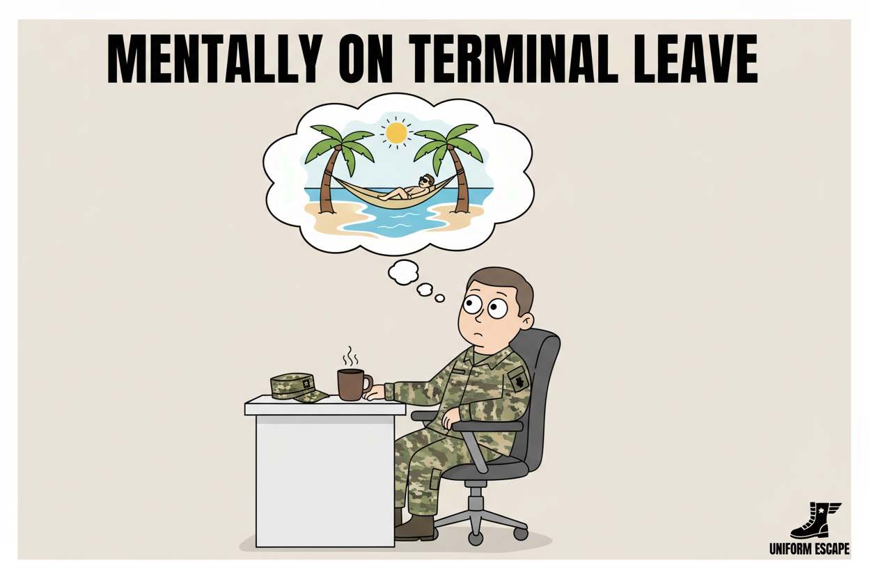 Funny but clean meme-style banner for a military-themed clothing brand. Text says ‘Mentally on Terminal Leave.’ Cartoon-style soldier sitting at a desk daydreaming about freedom, with coffee cup and camo hat nearby. Light beige background, simple modern layout, subtle humor, minimalist style